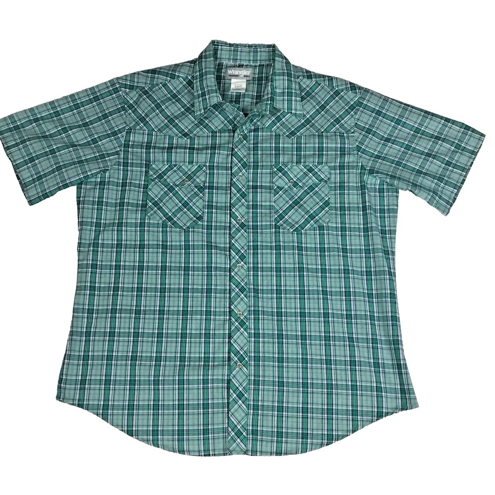 Wrangler‎ Wrancher Mens XL Green Plaid Short Sleeve Pearl Snap Western Shirt